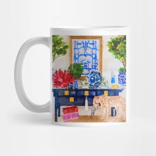 Cheetah and her cub in chinoiserie interior with ginger jars, lemon tree and red  bag Mug